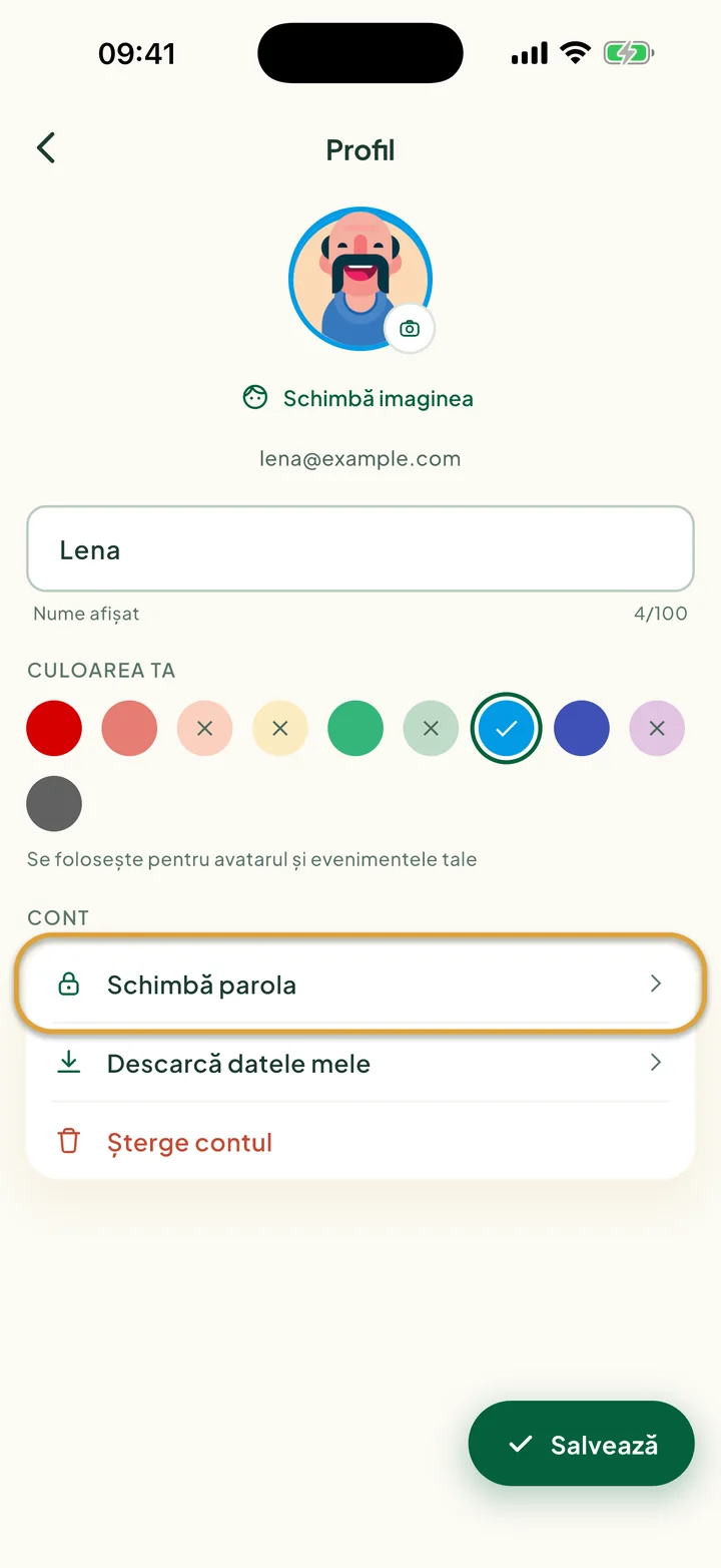 Ecranul de profil. Schimbă parola, la Cont, este încercuit.