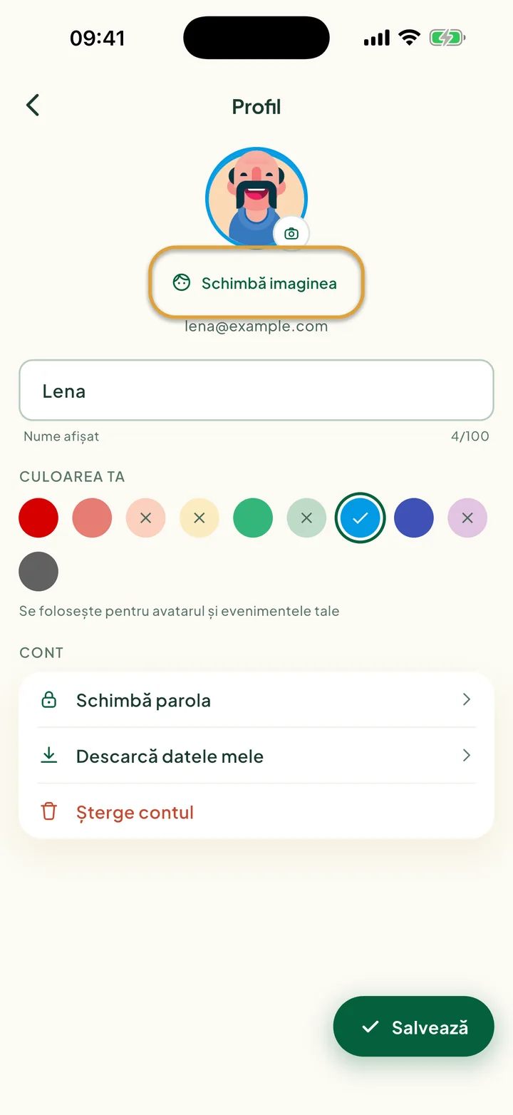Ecranul de profil cu numele, culorile și rândurile contului. Schimbă imaginea este încercuit.