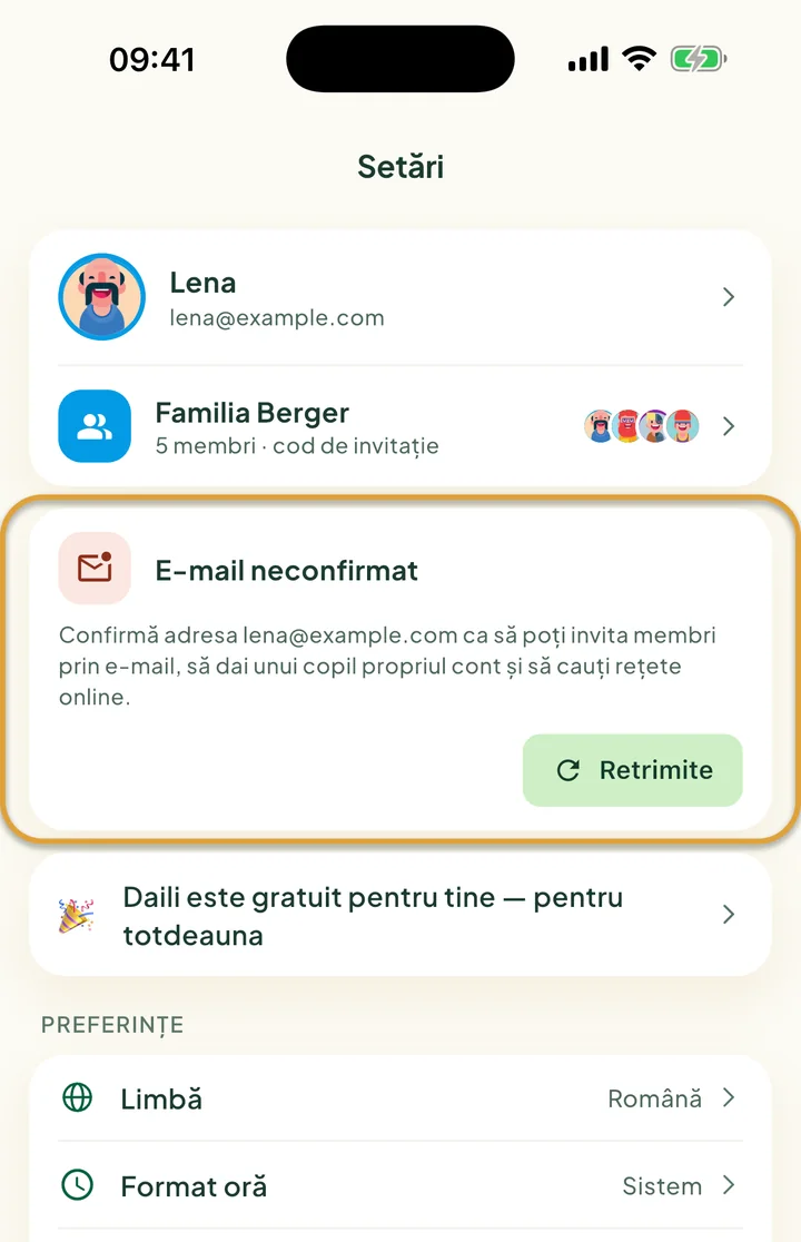Partea de sus a ecranului Setări. Cardul E-mail neconfirmat, cu butonul Retrimite, este încercuit.