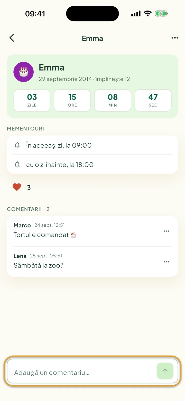 O zi de naștere cu o inimioară și două comentarii. Câmpul Adaugă un comentariu… de jos este încercuit.