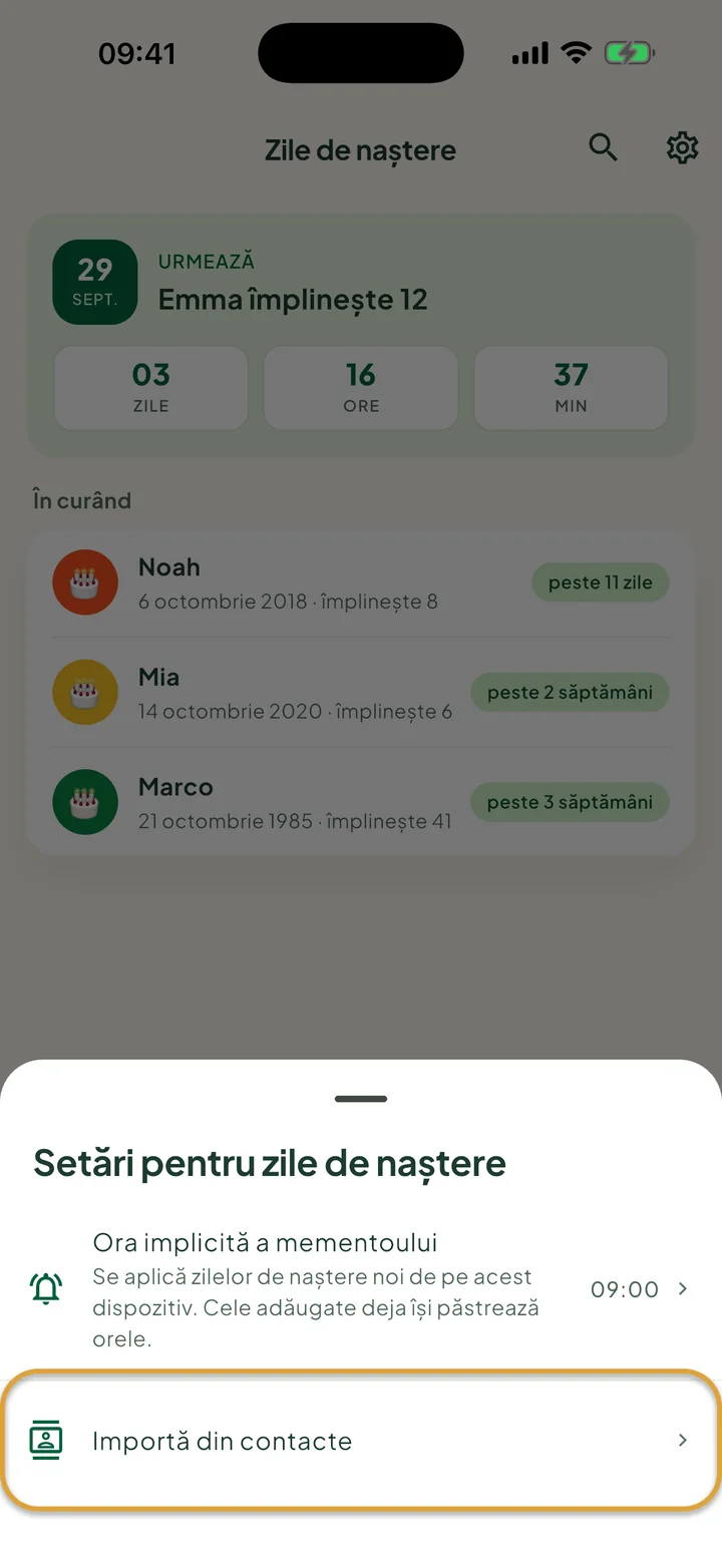 Panoul de setări pentru zilele de naștere. Rândul Importă din contacte este încercuit.