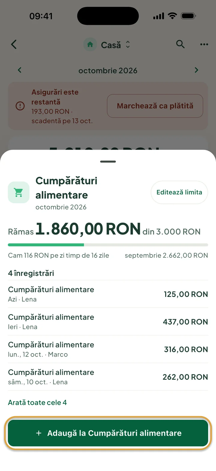 Fișa Cumpărături alimentare: rămân 1.860,00 RON din 3.000 RON și patru înregistrări. Butonul Adaugă la Cumpărături alimentare este încercuit.