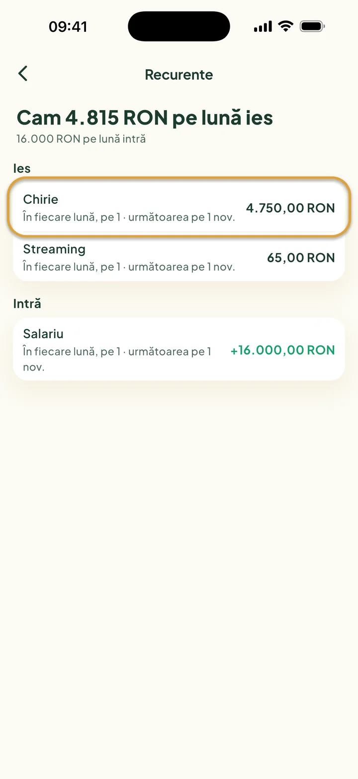 Ecranul Recurente: cam 4.815 RON pe lună ies, 16.000 RON intră. Chiria este încercuită.