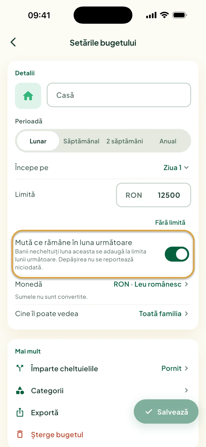 Setările bugetului, cu Mută ce rămâne în luna următoare pornit. Comutatorul este încercuit.