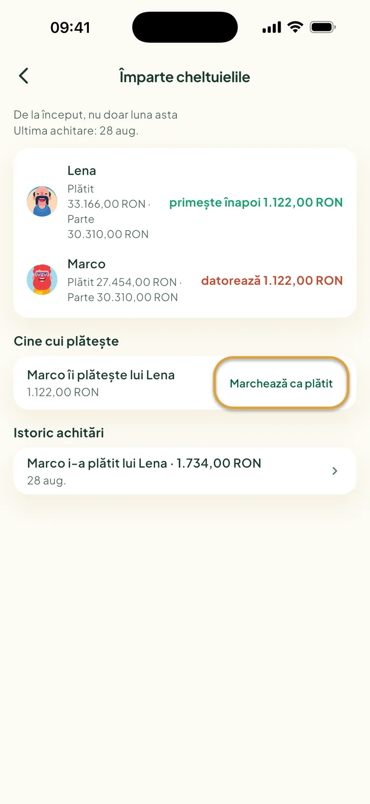Ecranul Împarte cheltuielile. Marco îi plătește lui Lena 1.122,00 RON. Butonul Marchează ca plătit este încercuit.