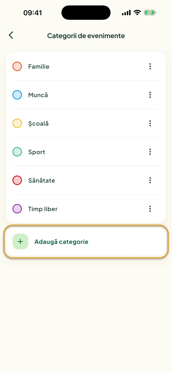 Ecranul Categorii de evenimente cu șase categorii. Rândul Adaugă categorie este încercuit.