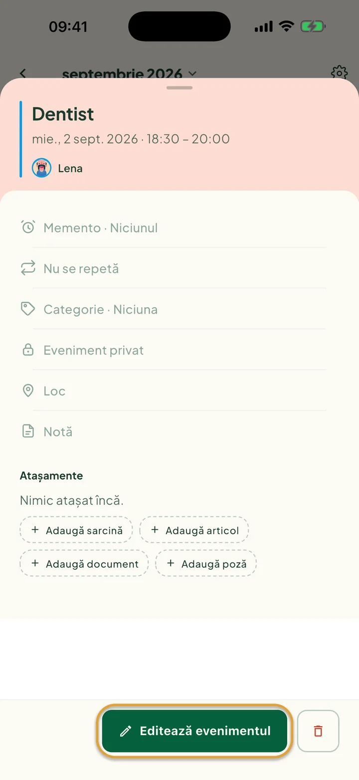 Un eveniment deschis din calendar. Butonul Editează evenimentul este încercuit, cu butonul de ștergere lângă el.