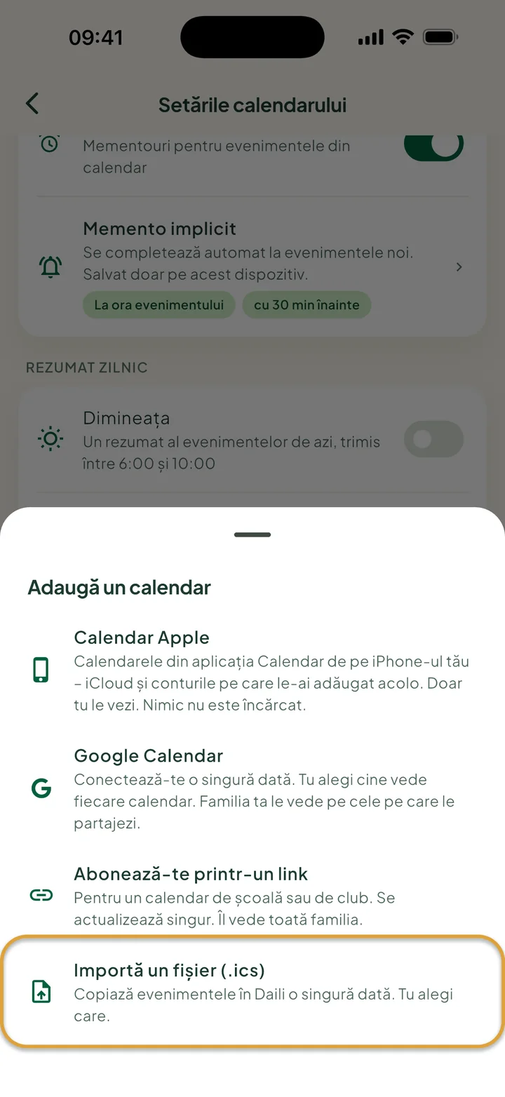 Fereastra Adaugă un calendar din setările calendarului. Importă un fișier (.ics) este încercuit.