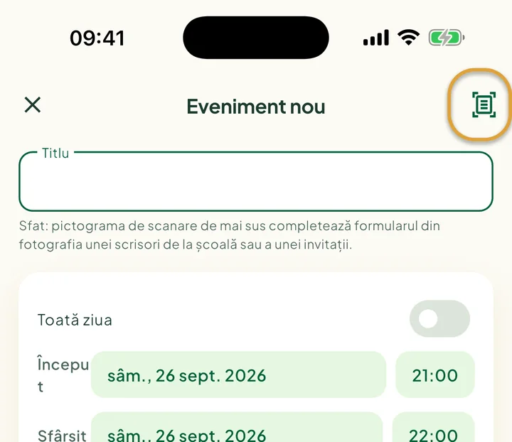 Ecranul Eveniment nou. Pictograma de scanare din dreapta sus este încercuită.