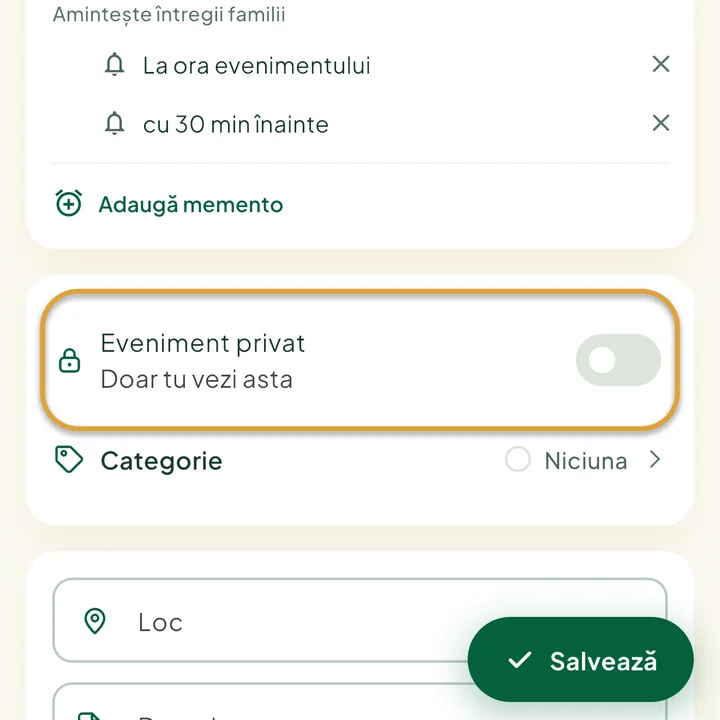 Formularul evenimentului. Comutatorul Eveniment privat este încercuit.