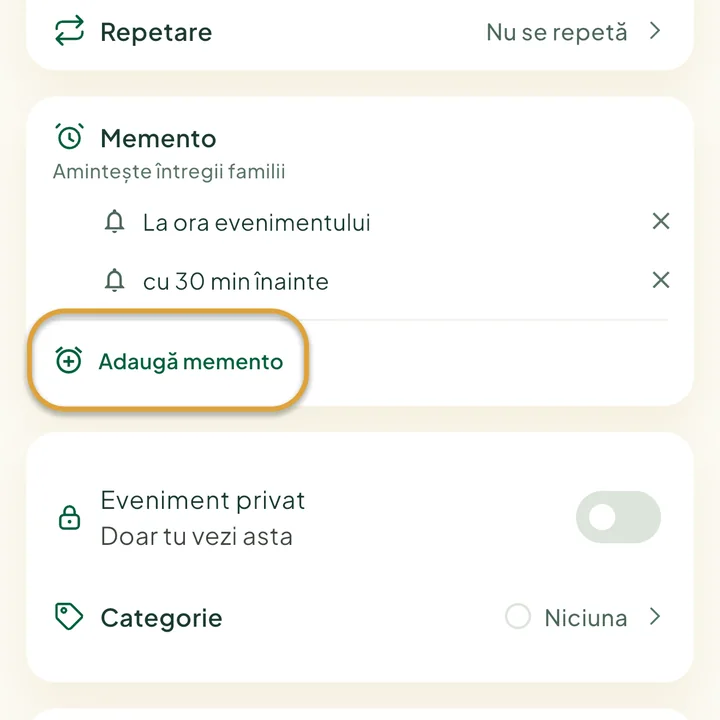 Secțiunea Memento din formularul evenimentului, cu două mementouri. Butonul Adaugă memento este încercuit.