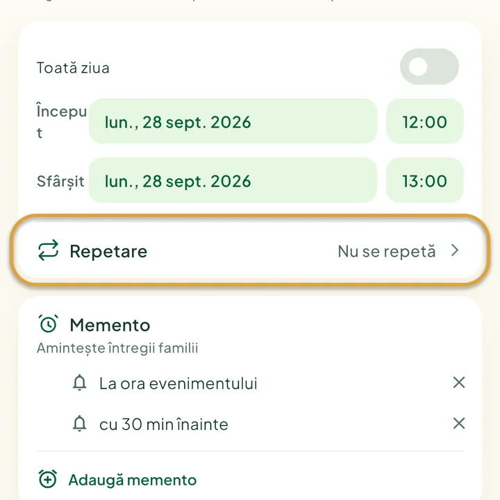 Formularul unui eveniment nou. Rândul Repetare este încercuit.