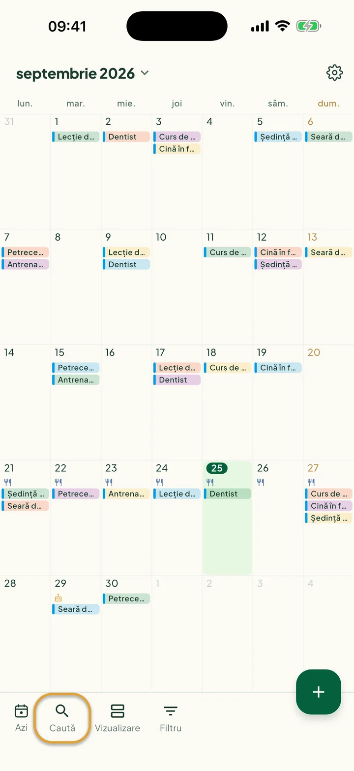 Calendarul în vizualizarea Lună. Butonul Caută din bara de jos este încercuit.