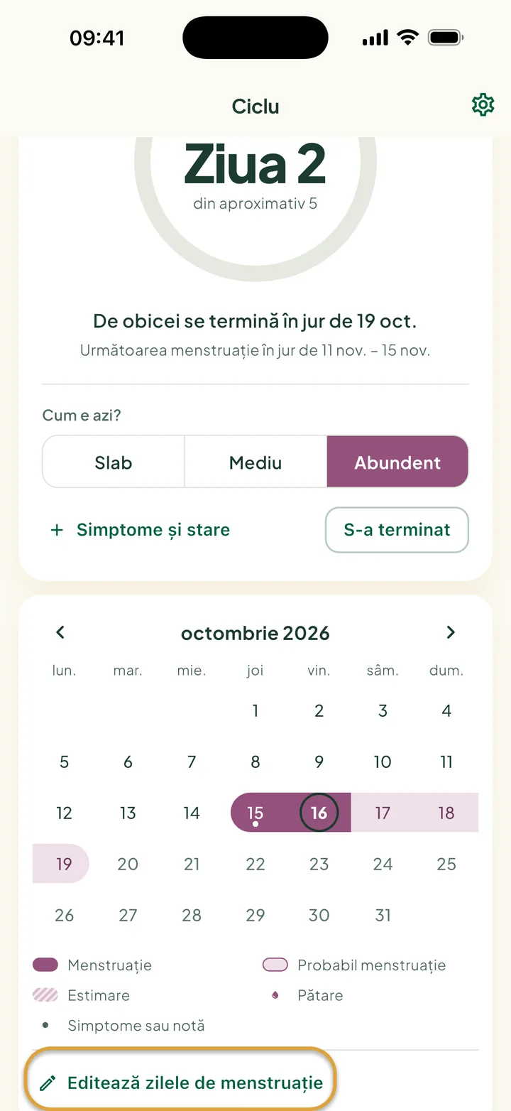 Luna din Ciclu în ziua 2 a menstruației: o bandă pe 15–16 oct., zile discrete după ea și ziua de azi cu un cerc. Editează zilele de menstruație este încercuit.