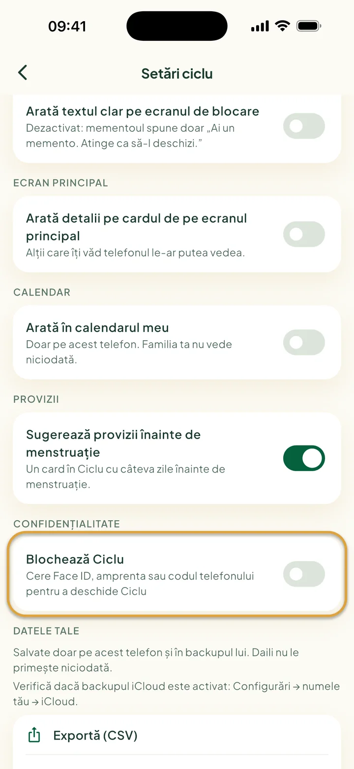 Setări ciclu cu Arată în calendarul meu, comutatorul pentru provizii și Exportă (CSV). Blochează Ciclu este încercuit.