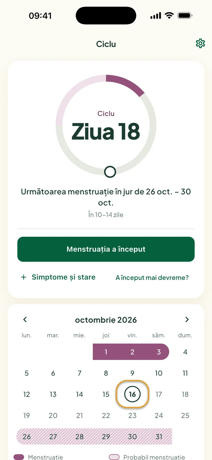 Cardul Ciclu în ziua 18: „Următoarea menstruație în jur de 26 oct. – 30 oct.” și butonul Menstruația a început. Ziua de azi este încercuită în luna de dedesubt.