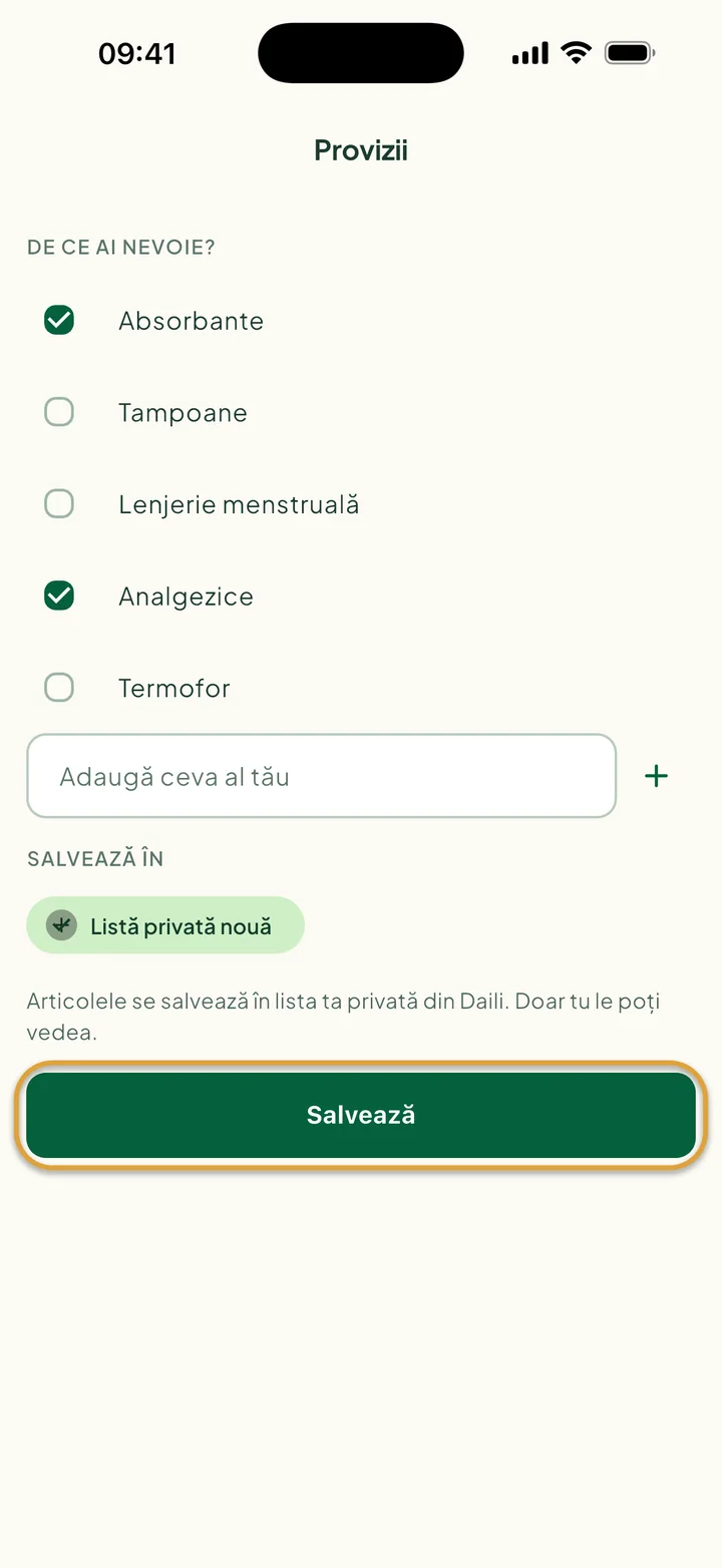 Ecranul Provizii cu Absorbante și Analgezice bifate și Listă privată nouă aleasă. Salvează este încercuit.