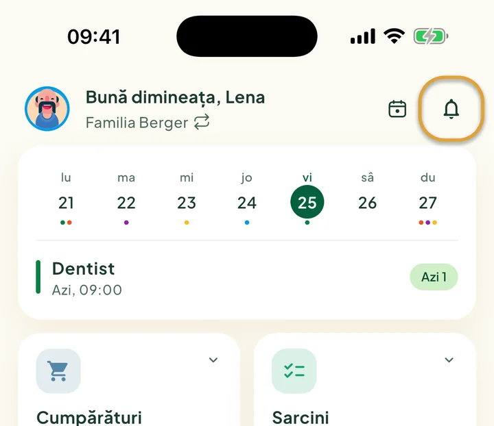Partea de sus a ecranului principal. Butonul cu clopoțel din dreapta sus este încercuit.