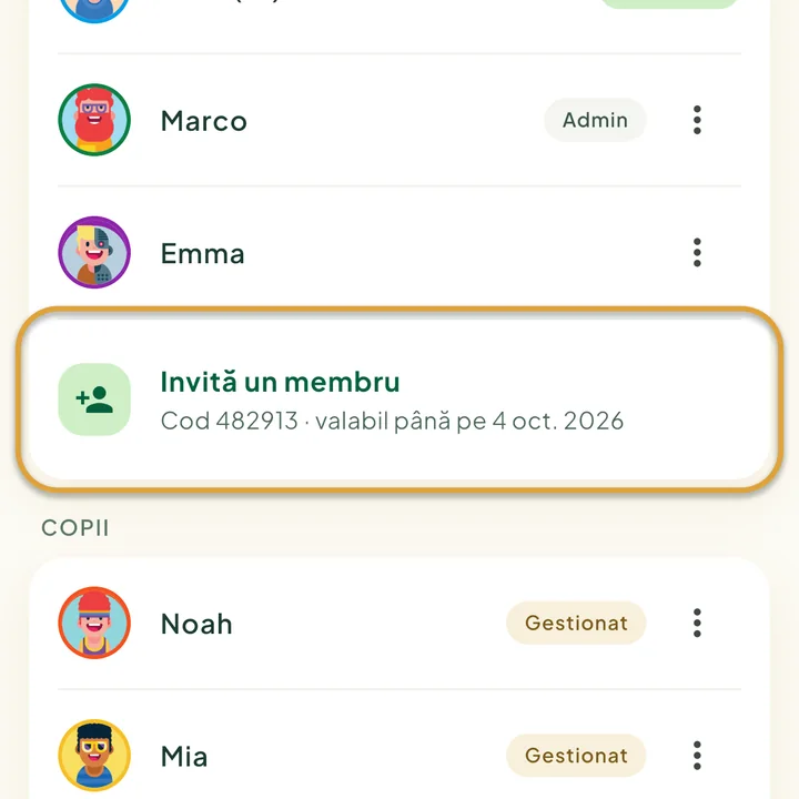 Ecranul Familie. Invită un membru, cu codul actual și data lui de expirare dedesubt, este încercuit.