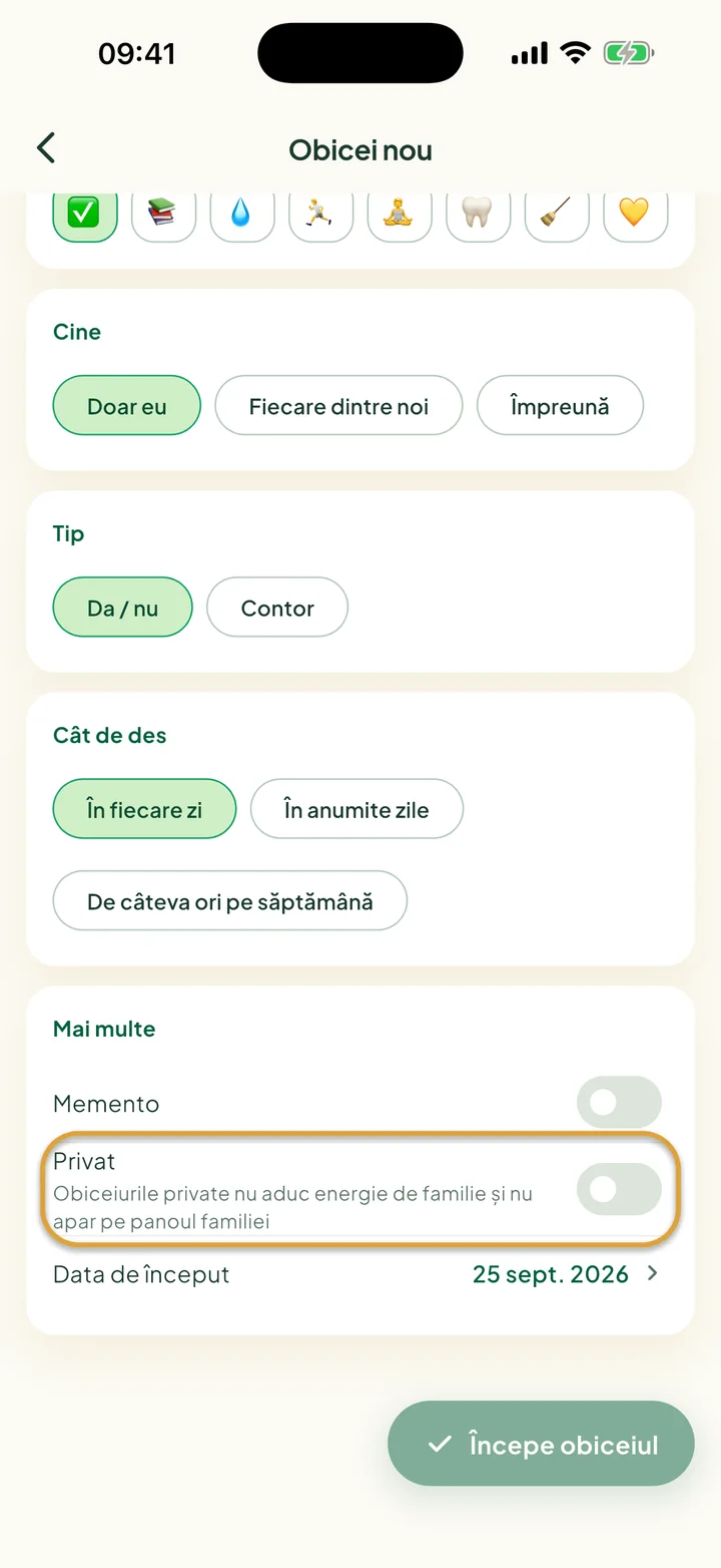 Partea Mai multe din formularul Obicei nou. Comutatorul Privat este încercuit.