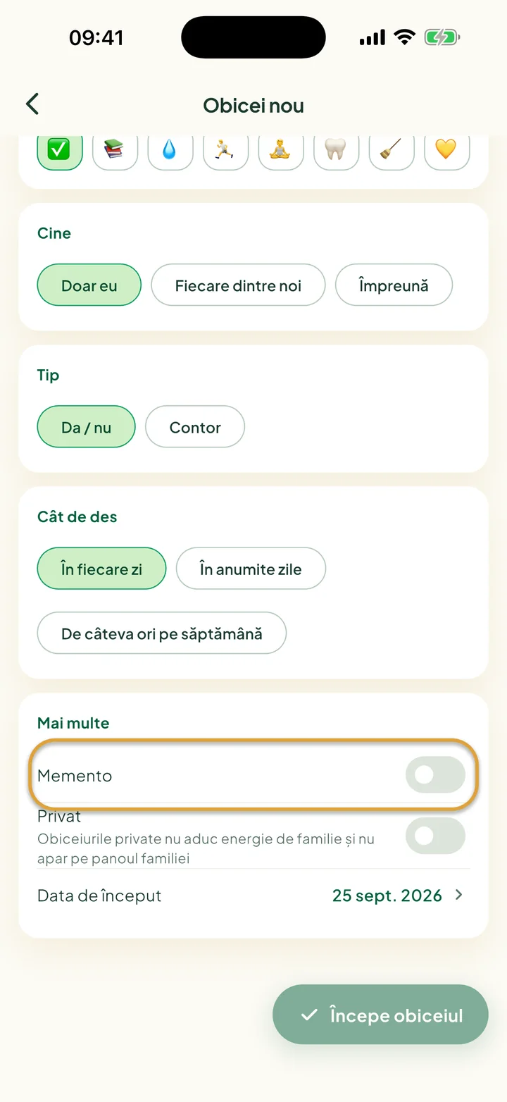 Partea Mai multe din formularul Obicei nou. Comutatorul Memento este încercuit.