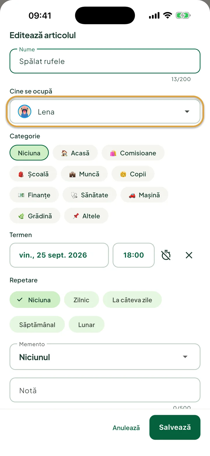 Panoul de editare pentru o sarcină. Câmpul Cine se ocupă, setat pe Lena, este încercuit.