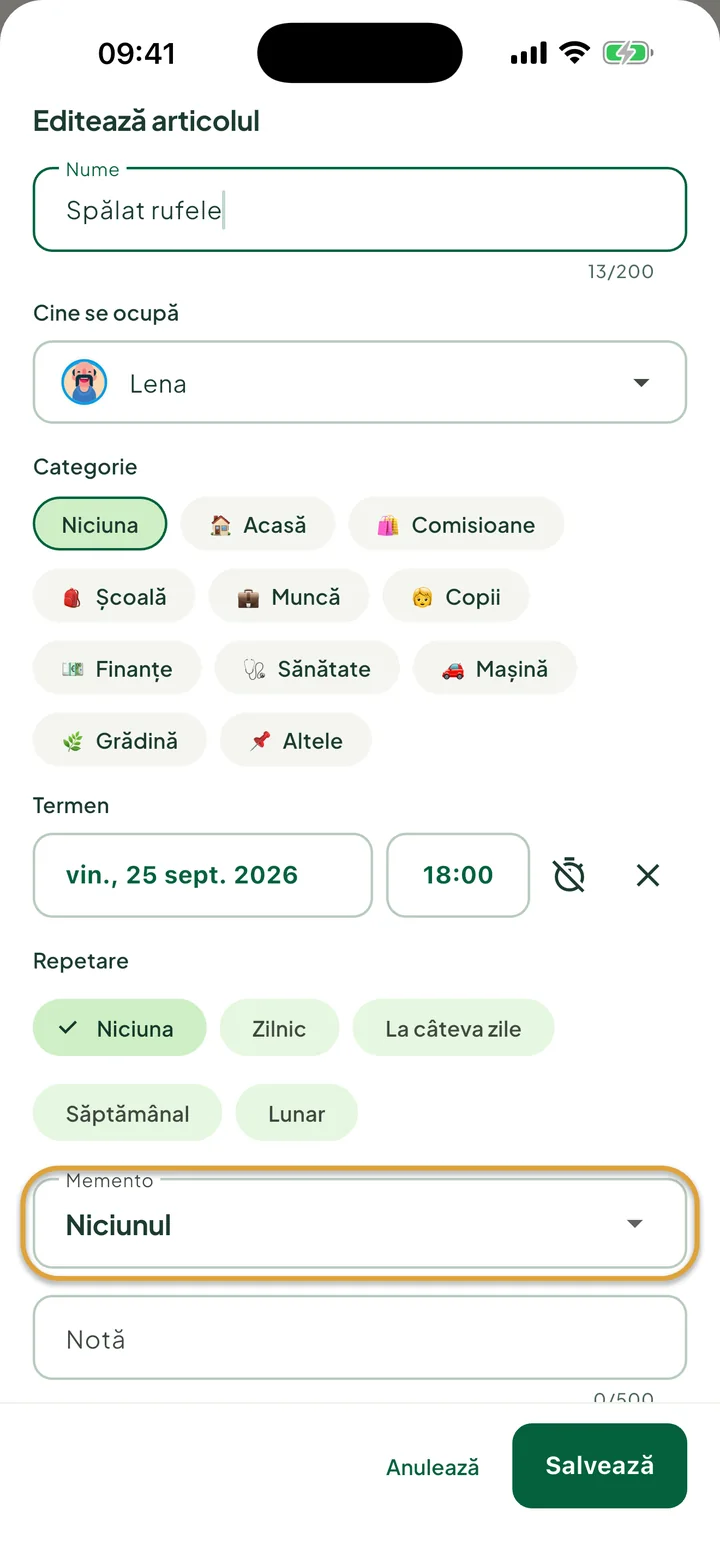 Panoul de editare pentru o sarcină cu termen și oră. Câmpul Memento este încercuit.