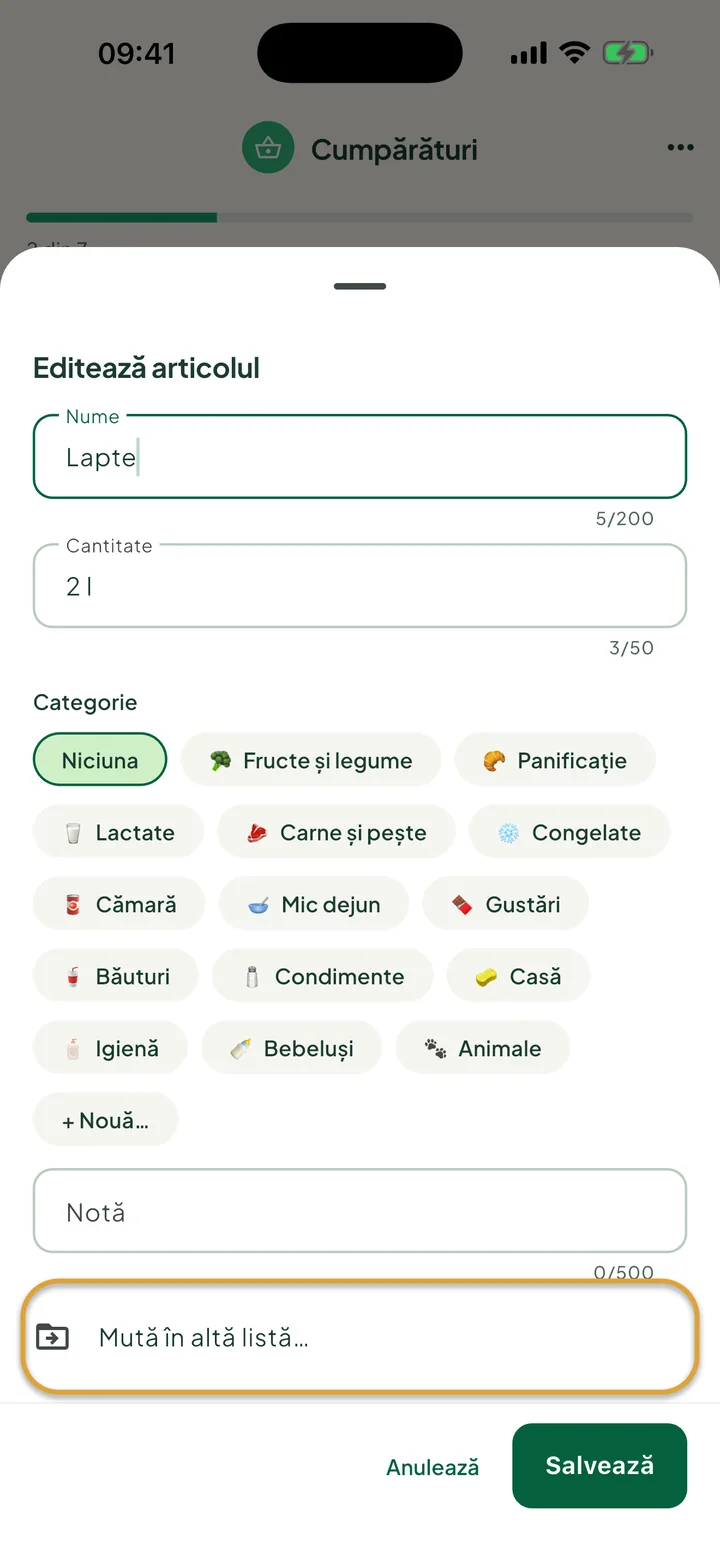 Panoul de editare pentru Lapte. Rândul Mută în altă listă… este încercuit.