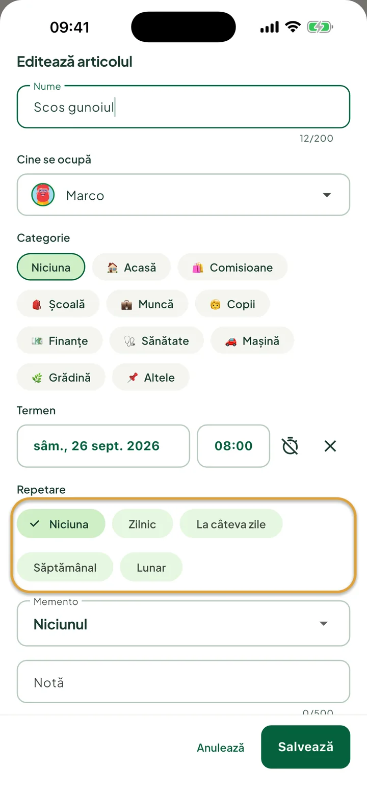 Panoul de editare pentru o sarcină. Opțiunile de repetare Niciuna, Zilnic, La câteva zile, Săptămânal și Lunar sunt încercuite.