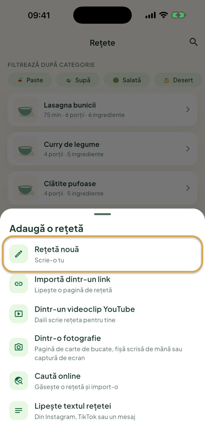 Ecranul Rețete cu meniul + deschis. Rețetă nouă este încercuit.