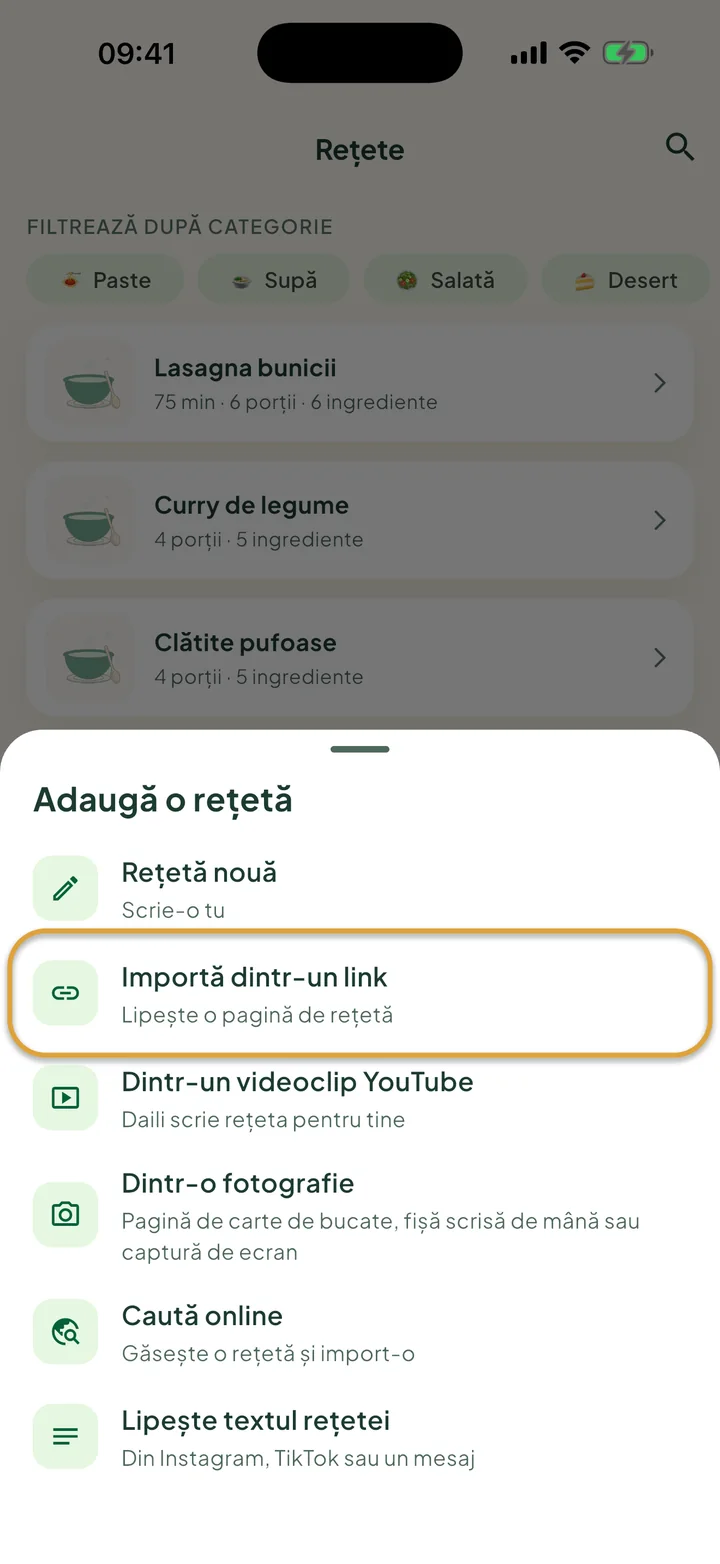 Ecranul Rețete cu meniul + deschis. Importă dintr-un link este încercuit.