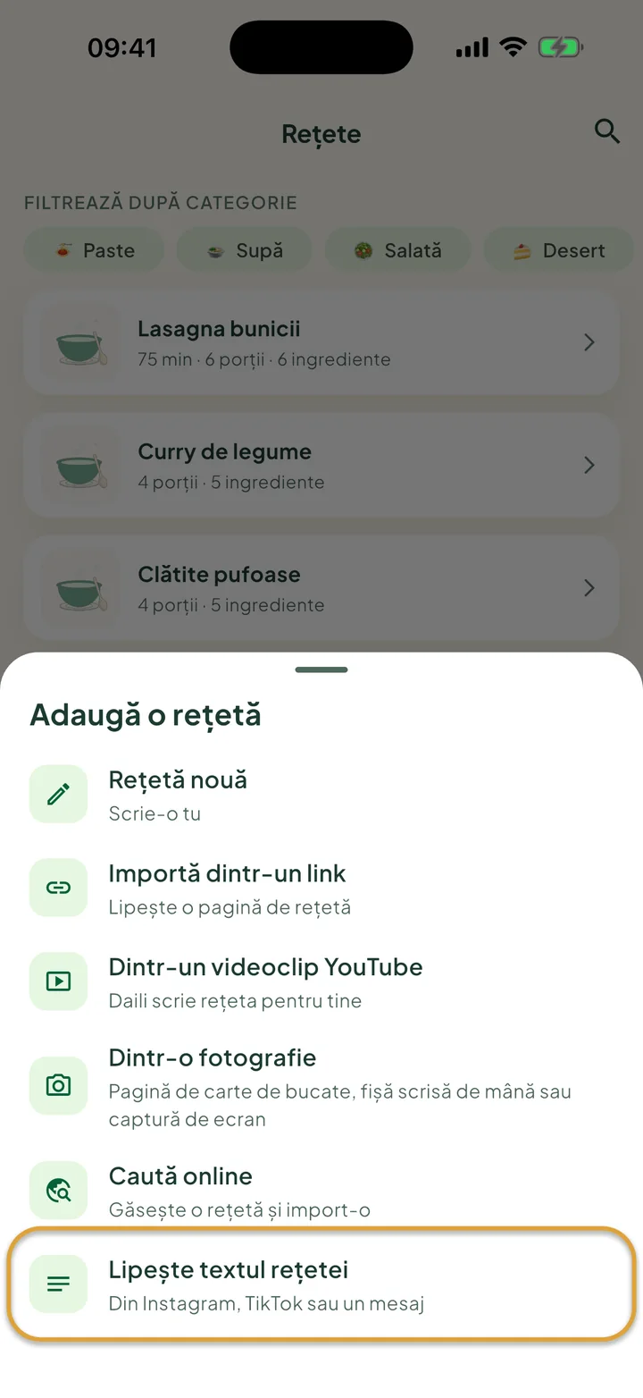 Ecranul Rețete cu meniul + deschis. Lipește textul rețetei este încercuit.