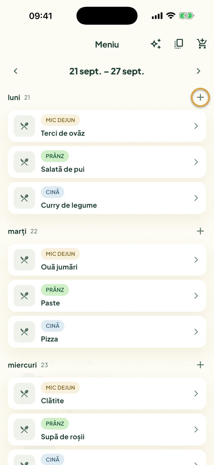 Meniul pentru o săptămână. Butonul + de lângă luni este încercuit.