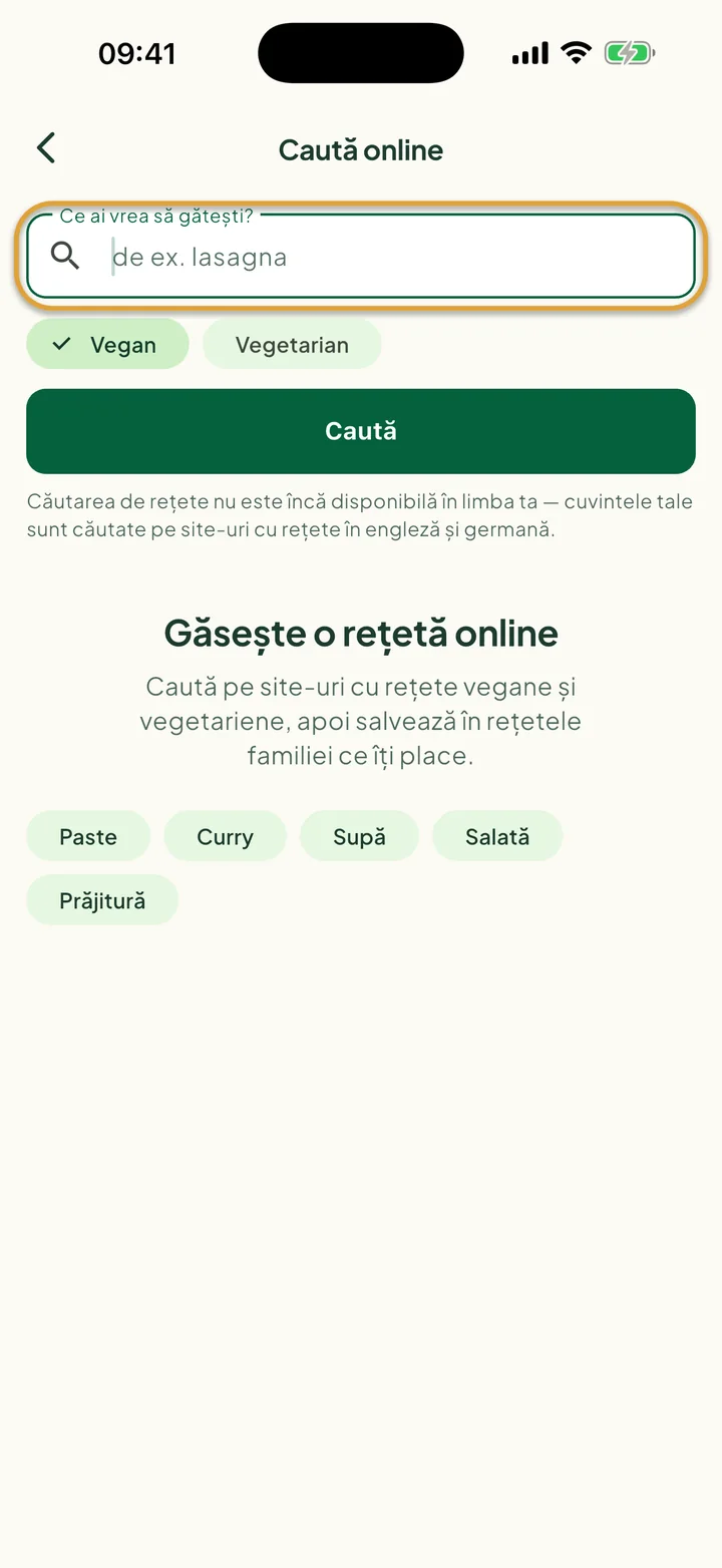 Ecranul Caută online. Câmpul Ce ai vrea să gătești? este încercuit.