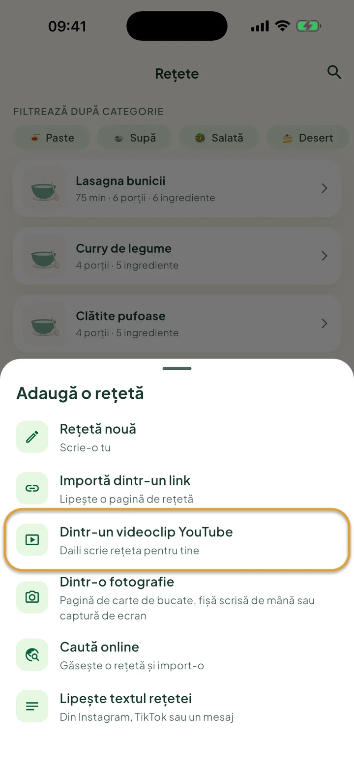 Ecranul Rețete cu meniul + deschis. Dintr-un videoclip YouTube este încercuit.