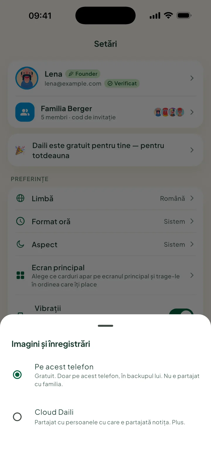 Imagini și înregistrări, cu Pe acest telefon ales și Cloud Daili dedesubt.