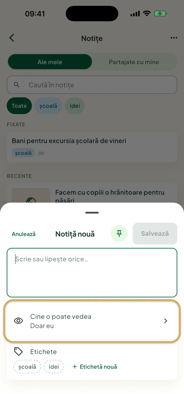 O notiță nouă. Rândul care spune cine o poate vedea este încercuit.