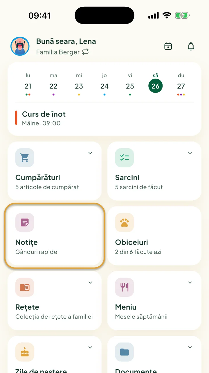 Ecranul principal. Cardul Notițe este încercuit.