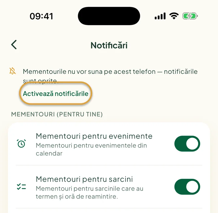 Partea de sus a ecranului Notificări, cu o notă că notificările sunt oprite. Activează notificările este încercuit.