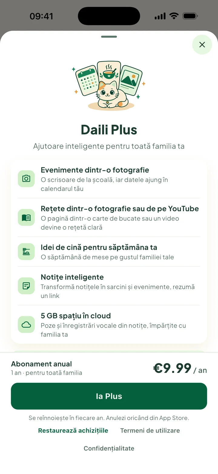 Panoul Daili Plus: ce primești, prețul anual și butonul Ia Plus.