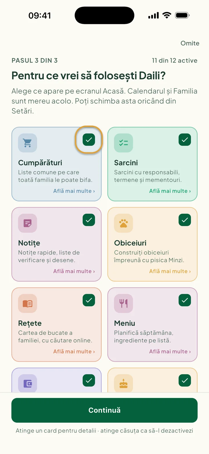 Cardurile funcțiilor. Căsuța de pe cardul Cumpărături este încercuită.