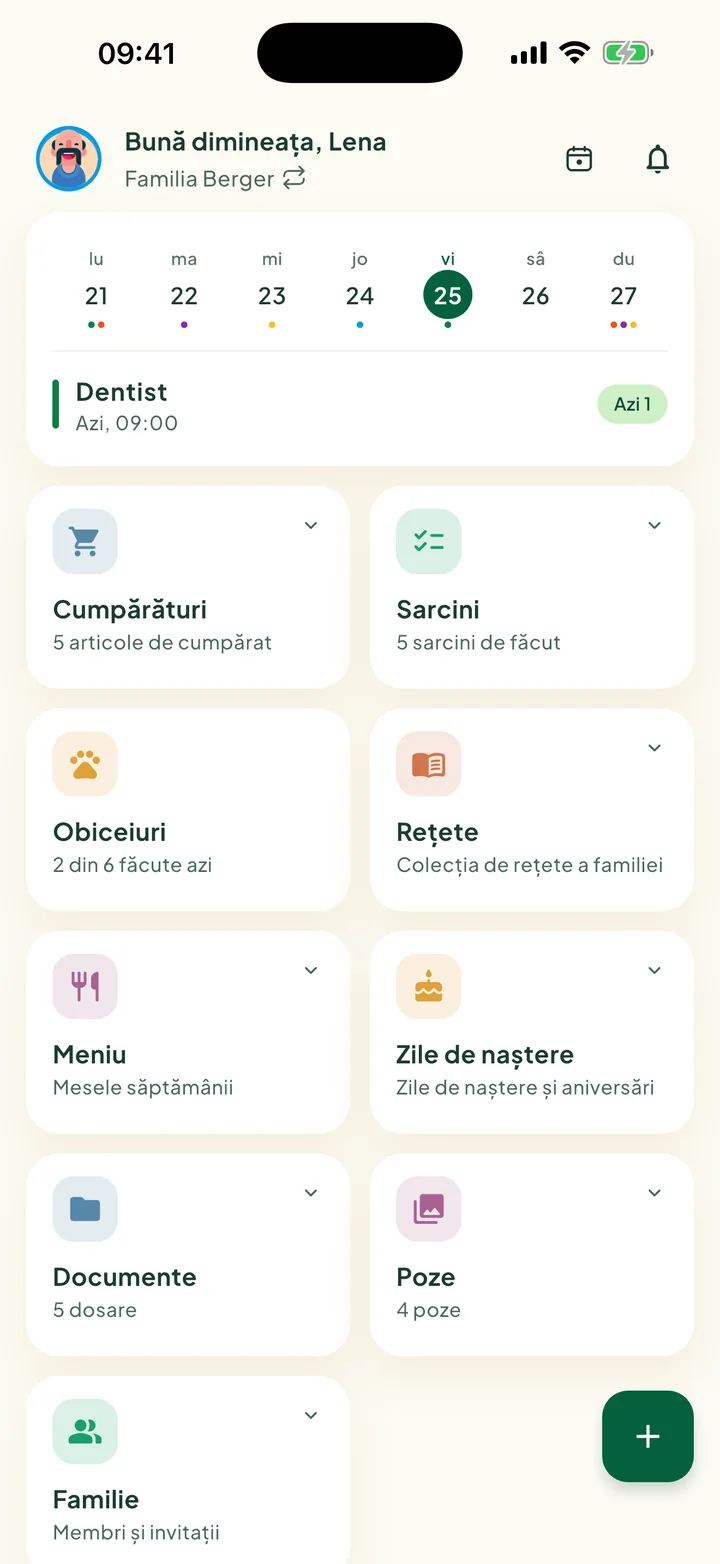 Ecranul principal cu cardul săptămânii și dalele