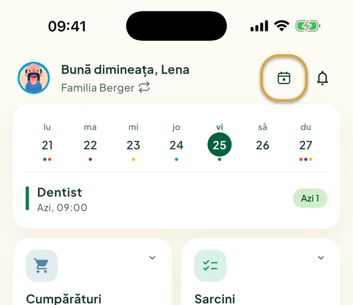 Partea de sus a ecranului principal. Butonul Azi de lângă clopoțel este încercuit.