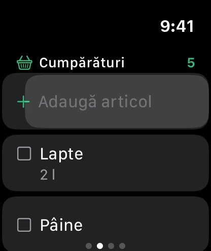 Lista de cumpărături pe ceas, cu Adaugă articol sus.
