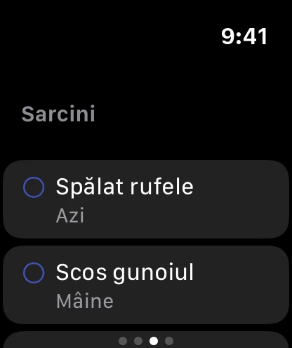 Pagina Sarcini pe ceas, cu două sarcini deschise, pentru azi și mâine.
