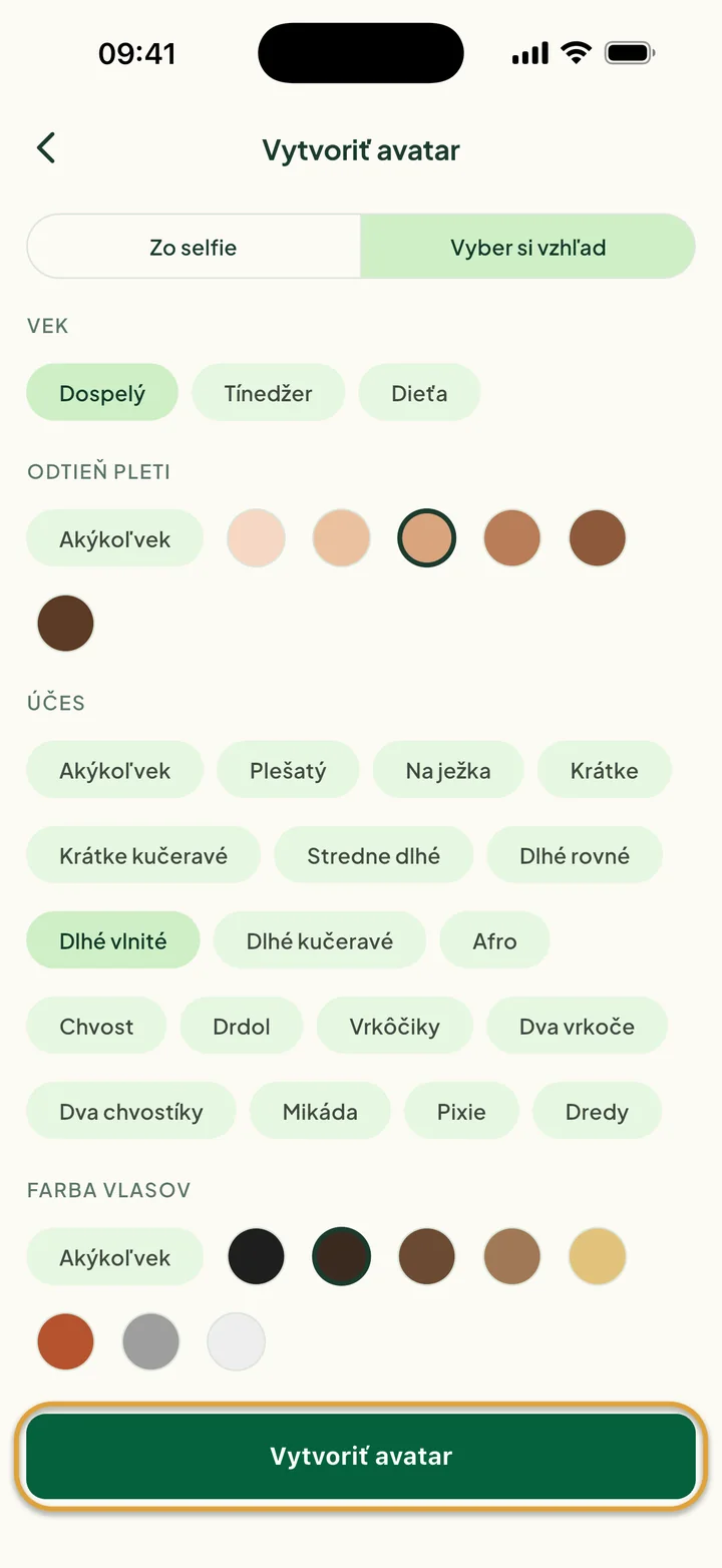 Vyber si vzhľad: zvolené Dospelý, odtieň pleti, dlhé vlnité a tmavohnedé vlasy. Zakrúžkované je Vytvoriť avatar.