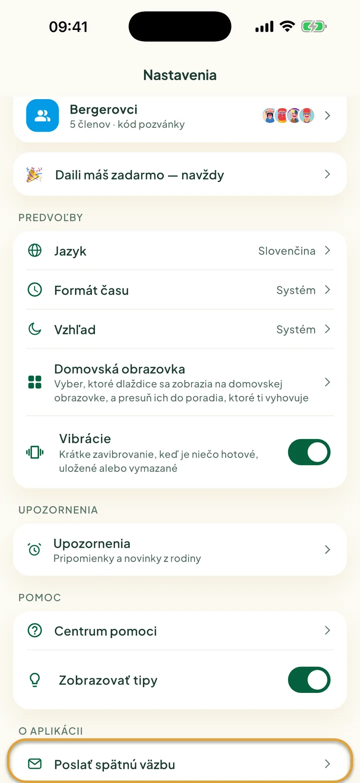 Obrazovka Nastavenia. Zakrúžkované je Poslať spätnú väzbu v časti O aplikácii.