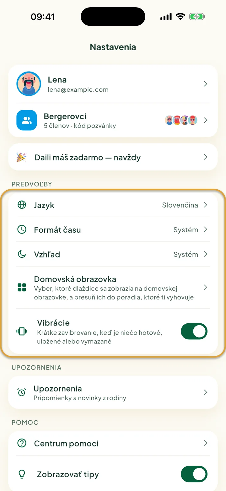 Obrazovka Nastavenia. Zakrúžkovaná je karta Predvoľby s položkami Jazyk, Formát času, Vzhľad, Domovská obrazovka a Vibrácie.