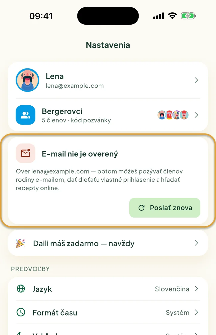 Horná časť obrazovky Nastavenia. Zakrúžkovaná je karta E-mail nie je overený s tlačidlom Poslať znova.