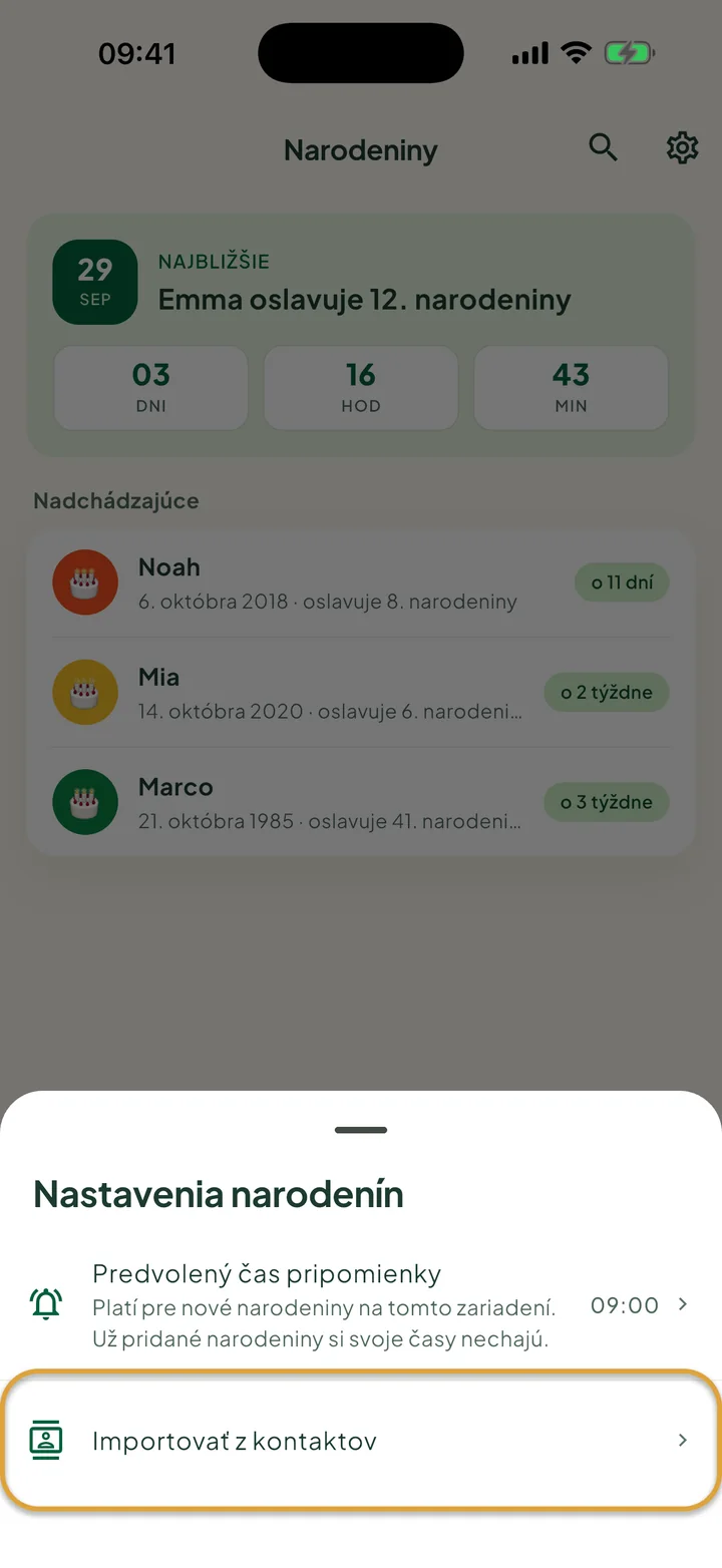 Panel Nastavenia narodenín. Zakrúžkovaný je riadok Importovať z kontaktov.